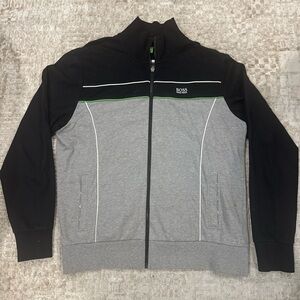 Boss Men’s Black & Gray Zip Front Track Jacket with Green Trim